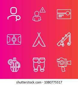 Premium set with outline vector icons. Such as tent, stereo, fish, hand, vision, camp, technology, fishing, pitch, profile, grenade, rod, view, alarm, music, camera, war, outdoor, internet, account