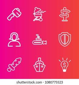 Premium set with outline vector icons. Such as idea, woman, shield, arrow, weapon, boat, protect, vessel, way, pliers, blade, security, work, tool, hot, transport, grilled, sea, knight, ocean, face