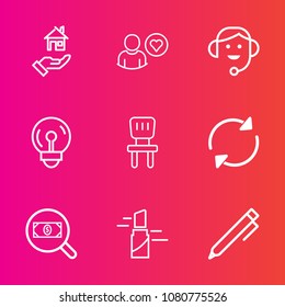 Premium set with outline vector icons. Such as lipstick, online, search, pen, arrow, comfortable, real, education, bulb, profile, hand, makeup, electric, find, house, buy, sale, estate, business, room