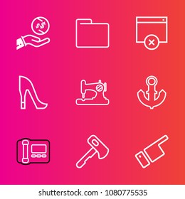 Premium set with outline vector icons. Such as anchor, people, pointing, style, open, fashion, currency, shoe, hammer, construction, craft, investment, phone, office, axe, paper, ship, financial, tool