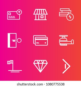 Premium set with outline vector icons. Such as emergency, door, house, modern, beach, jewelry, gem, safety, money, business, transport, ocean, window, air, aviation, currency, right, bank, sign, blue