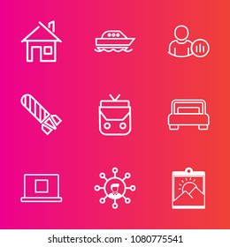 Premium set with outline vector icons. Such as frame, furniture, blue, photo, object, danger, web, technology, estate, bedroom, boat, travel, house, building, communication, social, modern, display
