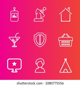 Premium set with outline vector icons. Such as protect, orbit, communication, drink, house, computer, tv, estate, shield, equipment, security, store, camp, earth, space, female, internet, cocktail