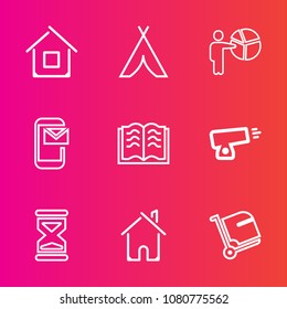 Premium set with outline vector icons. Such as baggage, war, luggage, clock, gun, modern, camp, house, weapon, mail, real, sand, education, tourism, estate, seminar, business, hiking, phone, timer