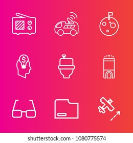 Premium set with outline vector icons. Such as vehicle, navigation, idea, radio, paper, astronaut, hotel, planet, signal, business, gps, eyeglasses, antenna, travel, restroom, wave, airplane, eye, wc