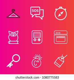 Premium set with outline vector icons. Such as paper, house, kitchen, security, sale, hanger, temperature, arrow, button, equipment, web, help, cooking, owl, wardrobe, bird, direction, rack, north