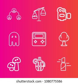 Premium set with outline vector icons. Such as ghost, technology, makeup, business, button, measurement, manager, organization, red, camera, weight, scary, halloween, war, hand, fear, weapon, grenade