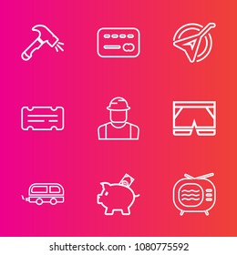 Premium set with outline vector icons. Such as antenna, shorts, folk, white, equipment, coupon, musical, instrument, screwdriver, account, card, bus, worker, television, cash, person, template, travel