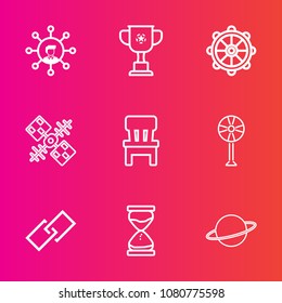 Premium set with outline vector icons. Such as mobile, digital, cutout, rudder, wheel, display, hour, sand, hyperlink, ventilator, home, orbit, competition, satellite, championship, sport, cup, trophy