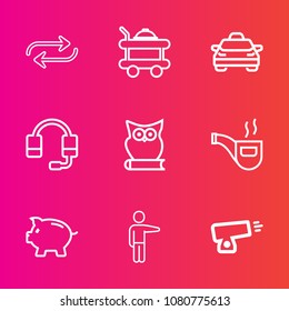 Premium set with outline vector icons. Such as money, vintage, transport, taxi, military, coin, retro, replace, replacement, gun, hand, breakfast, bank, transportation, support, microphone, substitute