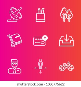 Premium set with outline vector icons. Such as place, wireless, signal, technology, nature, radio, stationery, account, communication, finance, school, profile, antenna, travel, download, bike, cycle