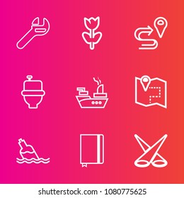 Premium set with outline vector icons. Such as bottle, petal, spring, work, war, maintenance, spotlight, nature, map, military, industry, tool, paper, water, spanner, location, light, backdrop, summer