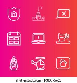 Premium set with outline vector icons. Such as notebook, castle, house, security, helicopter, vintage, care, transportation, computer, king, sewing, aircraft, old, calendar, timetable, air, screen