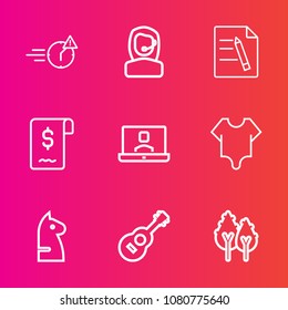 Premium set with outline vector icons. Such as forest, bodysuit, chessboard, night, fashion, contract, cute, video, strategy, woman, girl, man, internet, landscape, computer, tree, nature, document