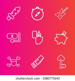 Premium set with outline vector icons. Such as west, construction, saw, vintage, east, cigarette, battle, diving, direction, bank, man, weapon, sword, sea, flame, investment, object, money, war, fire