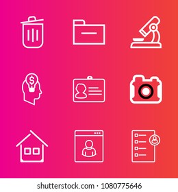 Premium set with outline vector icons. Such as microscope, laboratory, file, camera, building, idea, storage, id, biology, job, research, business, garbage, chemistry, office, name, trash, photography
