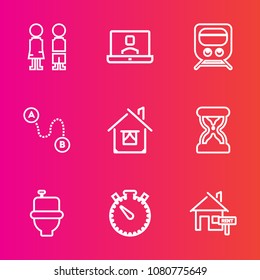 Premium set with outline vector icons. Such as communication, restroom, property, hour, happy, boy, time, rail, child, female, station, smile, rent, house, watch, map, destination, standing, railroad