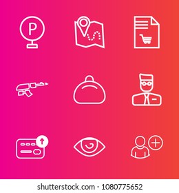 Premium set with outline vector icons. Such as transportation, profile, body, automobile, add, shopping, list, sign, pin, currency, eye, user, navigation, vehicle, web, market, object, map, fashion