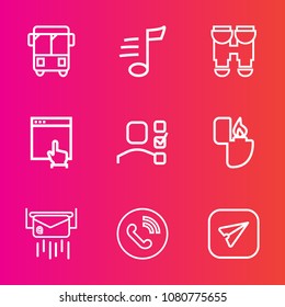 Premium set with outline vector icons. Such as view, musical, object, message, bus, speed, circle, website, click, ring, transportation, optical, mouse, email, lighter, traffic, office, personal, call