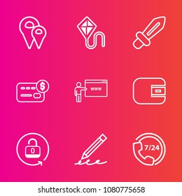 Premium set with outline vector icons. Such as education, go, fun, happy, bank, help, money, security, protection, pen, joy, finance, kite, knight, write, service, lock, leisure, city, wallet, hand