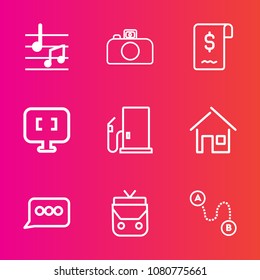 Premium set with outline vector icons. Such as estate, architecture, pc, leather, computer, destination, business, petrol, speech, message, document, sound, photography, position, melody, clef, treble