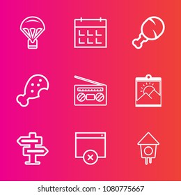 Premium set with outline vector icons. Such as fly, dont, wooden, music, business, fast, frame, sound, air, snack, calendar, extreme, sign, date, meal, bird, door, radio, skydiver, jump, room, chicken