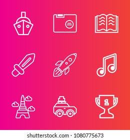 Premium set with outline vector icons. Such as folder, place, boat, luggage, shuttle, literature, transport, science, transportation, tower, blank, sword, car, launch, medieval, eiffel, open, france