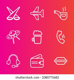 Premium set with outline vector icons. Such as food, bun, home, wallet, flight, spot, telephone, support, call, spacecraft, illuminated, drink, headset, space, technology, ufo, cell, bar, microphone
