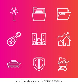 Premium set with outline vector icons. Such as play, guitar, paper, sound, security, grill, increase, fan, protection, empty, wind, folder, blank, boat, barbecue, open, music, audio, bbq, rock, yacht