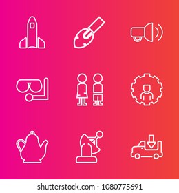 Premium set with outline vector icons. Such as shipping, rocket, web, earth, hot, science, internet, megaphone, satellite, launch, tool, construction, equipment, online, hammer, people, screwdriver