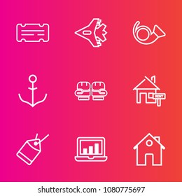 Premium set with outline vector icons. Such as jet, show, paper, air, graphic, home, boxing, music, competition, property, wheel, plane, ticket, bugle, sale, travel, computer, sport, aircraft, musical