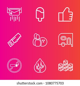 Premium set with outline vector icons. Such as saw, hammer, warehouse, food, pin, mail, ice, cream, environment, addiction, construction, storage, distribution, receive, letter, post, sweet, sport, no