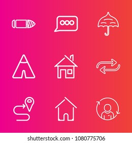 Premium set with outline vector icons. Such as change, speech, refresh, outdoor, navigation, chat, military, substitute, map, steel, shot, quality, architecture, road, communication, person, bullet