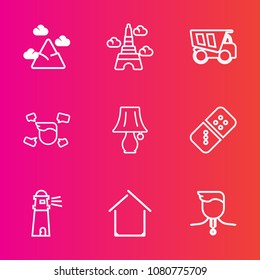 Premium set with outline vector icons. Such as row, game, man, chain, top, house, dump, bulb, home, medal, gold, panorama, peak, lighthouse, lamp, architecture, building, white, french, boy, eiffel