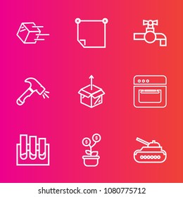 Premium set with outline vector icons. Such as transportation, freight, cooking, package, cardboard, bathroom, tank, growth, investment, food, delivery, money, shipping, cargo, army, research, sink