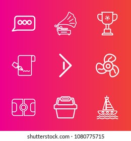 Premium set with outline vector icons. Such as electric, competition, document, victory, store, winner, entertainment, bubble, gramophone, fan, right, stadium, chat, pen, basket, sound, cool, message