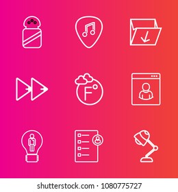 Premium set with outline vector icons. Such as profile, music, temperature, sound, fahrenheit, concept, box, idea, creative, interior, checklist, business, concert, light, rock, player, button, job