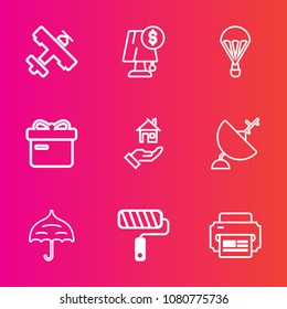 Premium set with outline vector icons. Such as airplane, sky, roller, electricity, house, brush, present, satellite, rent, aviation, box, protection, paint, technology, air, plane, ribbon, printer