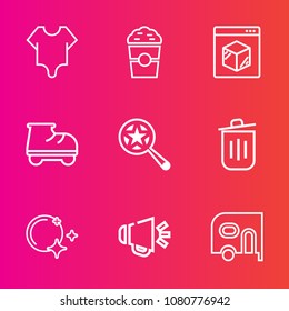 Premium set with outline vector icons. Such as sky, model, cute, magnifying, girl, night, internet, delivery, can, espresso, cafe, loudspeaker, bodysuit, trash, cup, shop, body, speaker, transport