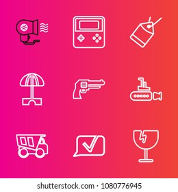 Premium set with outline vector icons. Such as dumper, communication, web, sun, destruction, electric, tag, sale, air, chat, gun, white, parasol, marine, revolver, pistol, shattered, umbrella, button