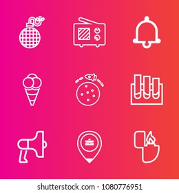 Premium set with outline vector icons. Such as job, analysis, lighter, medicine, laboratory, power, business, danger, speaker, antenna, radio, cloud, loudspeaker, alert, food, burn, work, notification