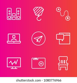 Premium set with outline vector icons. Such as medical, technology, file, button, paper, player, industry, internet, music, home, doctor, industrial, room, message, medicine, folder, business, sound