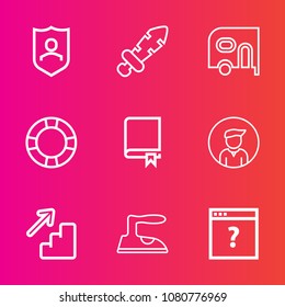 Premium set with outline vector icons. Such as summer, page, housework, pool, guard, sword, internet, iron, upstairs, downstairs, medieval, protect, inflatable, shield, protection, sign, car, steel