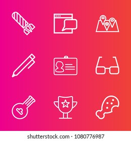 Premium set with outline vector icons. Such as pen, music, location, name, danger, identification, road, prize, website, chicken, web, meal, communication, fast, reward, pin, identity, success, flame