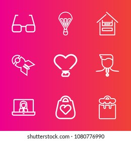 Premium set with outline vector icons. Such as love, vision, weapon, eyeglasses, heart, store, style, sky, bag, bomb, professional, call, extreme, customer, people, falling, competition, communication