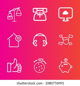 Premium set with outline vector icons. Such as house, support, finance, landlord, rocket, travel, business, measure, audio, phone, technology, sound, success, bank, balance, investment, money, owner