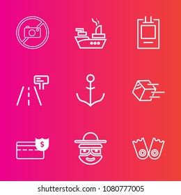 Premium set with outline vector icons. Such as cash, bank, sport, marine, flipper, happy, money, weapon, wheel, package, delivery, street, navy, forbidden, traffic, war, tag, business, shipment, ocean