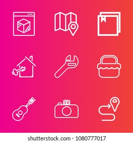 Premium set with outline vector icons. Such as key, shipping, delivery, music, web, file, navigation, business, travel, picnic, tool, freight, estate, spanner, photography, equipment, document, sound