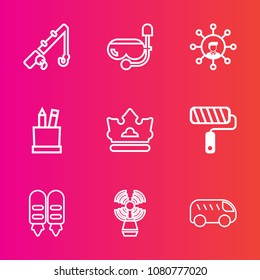 Premium set with outline vector icons. Such as seamark, direction, , crown, snorkeling, tackle, rod, travel, brush, snorkel, tool, beach, white, roller, box, fish, cutout, display, sea, mask, fishing