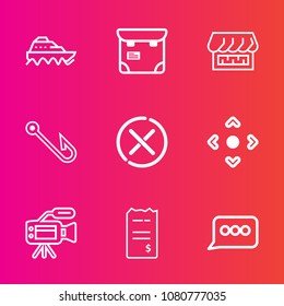 Premium set with outline vector icons. Such as ship, speech, curtain, button, white, phone, passport, sign, water, fish, people, web, tripod, rod, hook, shop, paper, money, ocean, mobile, arrow, boat
